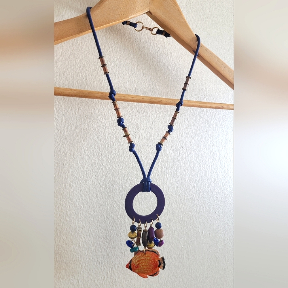 Vintage Roxsann tropical fish cord and oversized wooden charm necklace